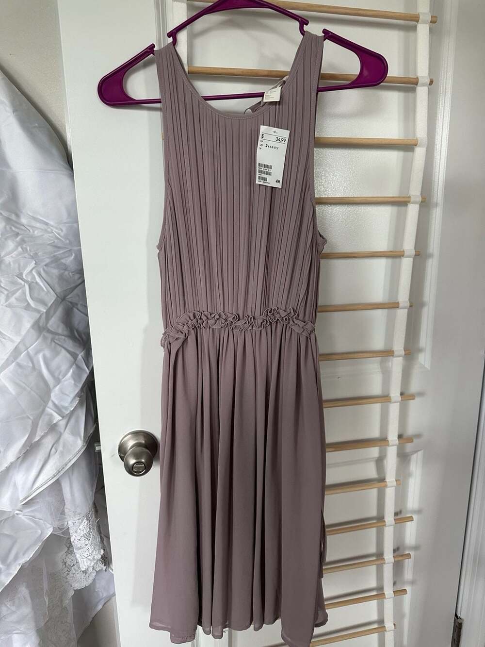 H&M Pleated Dress Size 2 Mauve Pink Sleeveless Ruffle Waist
